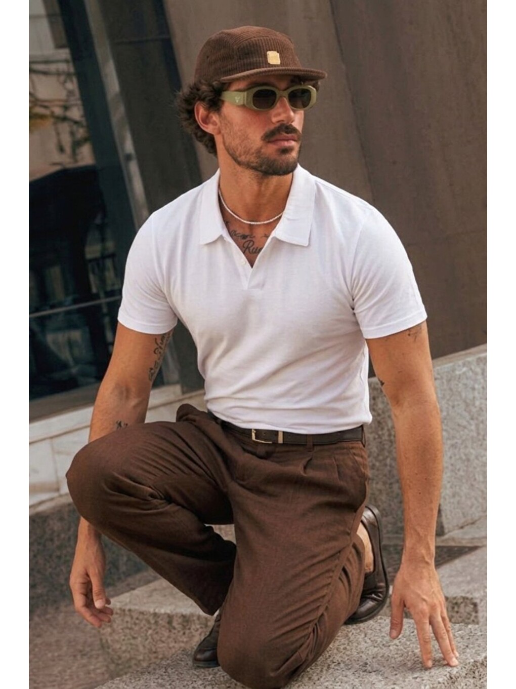 Erkek Polo Yaka %100 Pamuklu Basic Beyaz Tişört-4