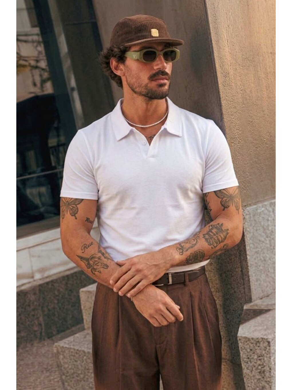 Erkek Polo Yaka %100 Pamuklu Basic Beyaz Tişört-5