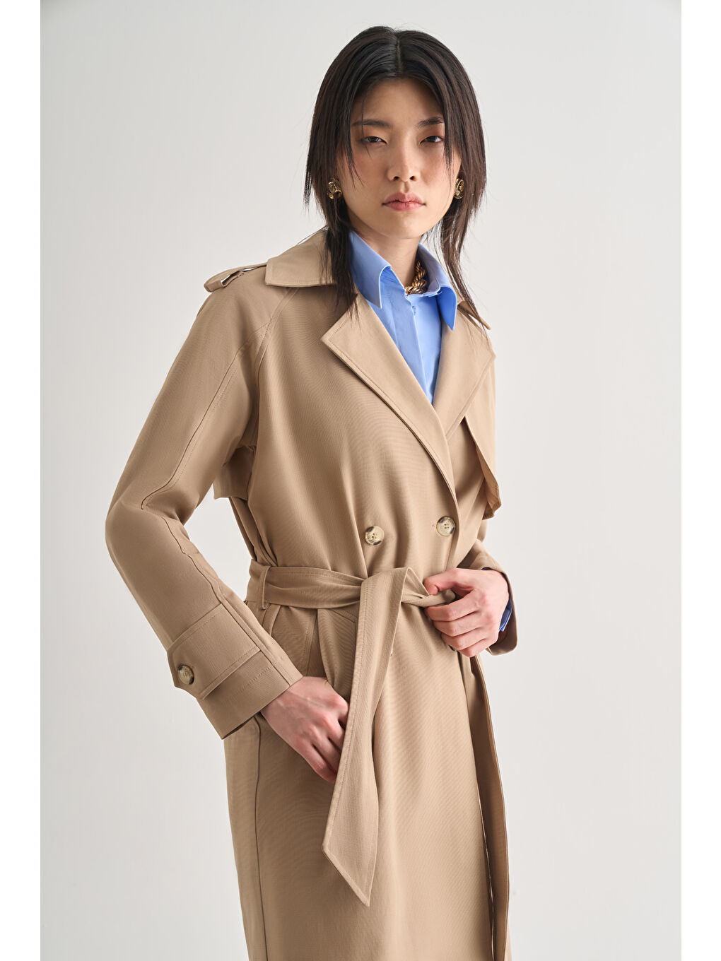 Premium Pamuk Karışımlı Bej Rengi Uzun Trençkot-1