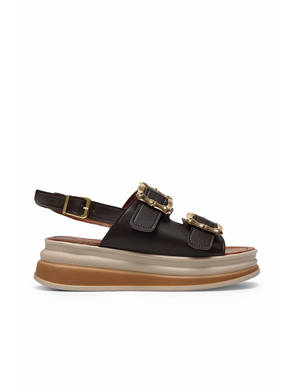 Kahverengi Kadın Kahve Rahat Kalıp Yüksek Taban Tokalı Sandalet-3