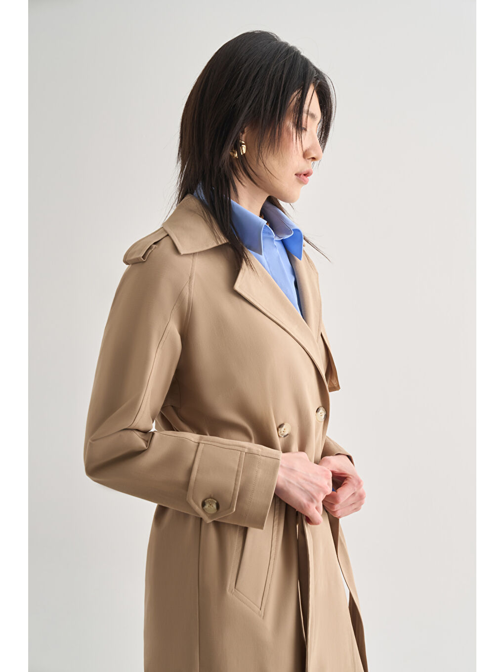 Premium Pamuk Karışımlı Bej Rengi Uzun Trençkot-2