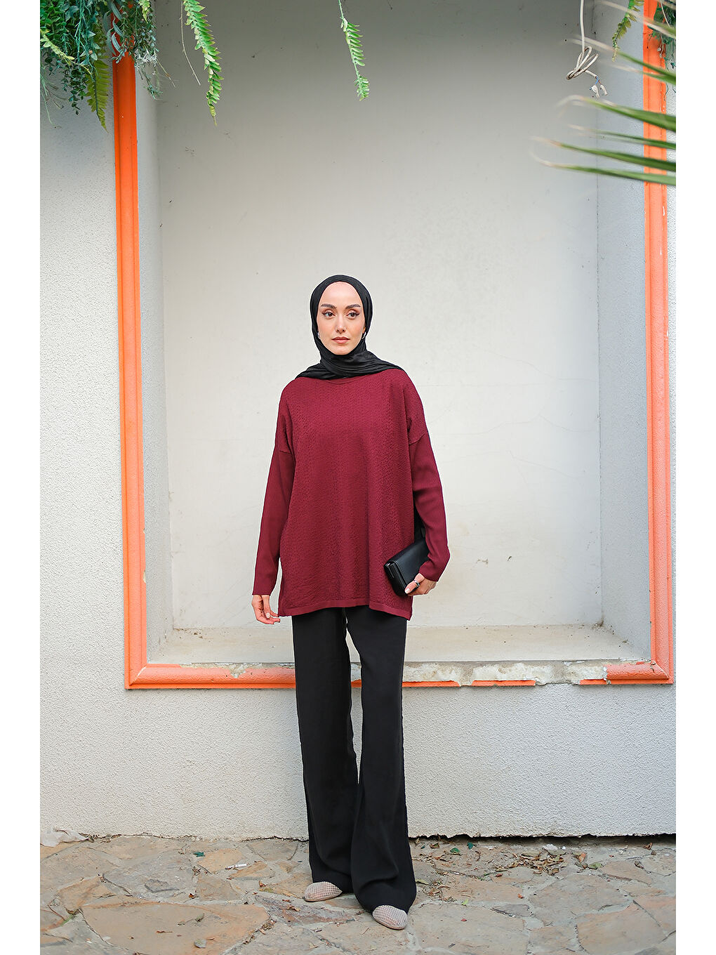 Kadın Kendinden Desenli Tunik Bordo-2