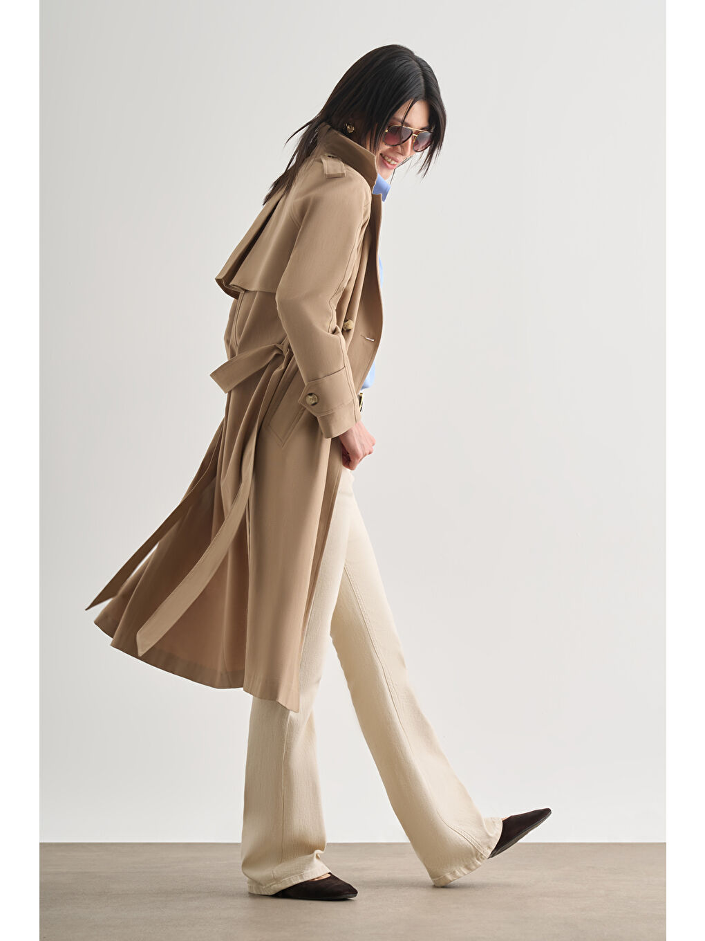 Premium Pamuk Karışımlı Bej Rengi Uzun Trençkot-3