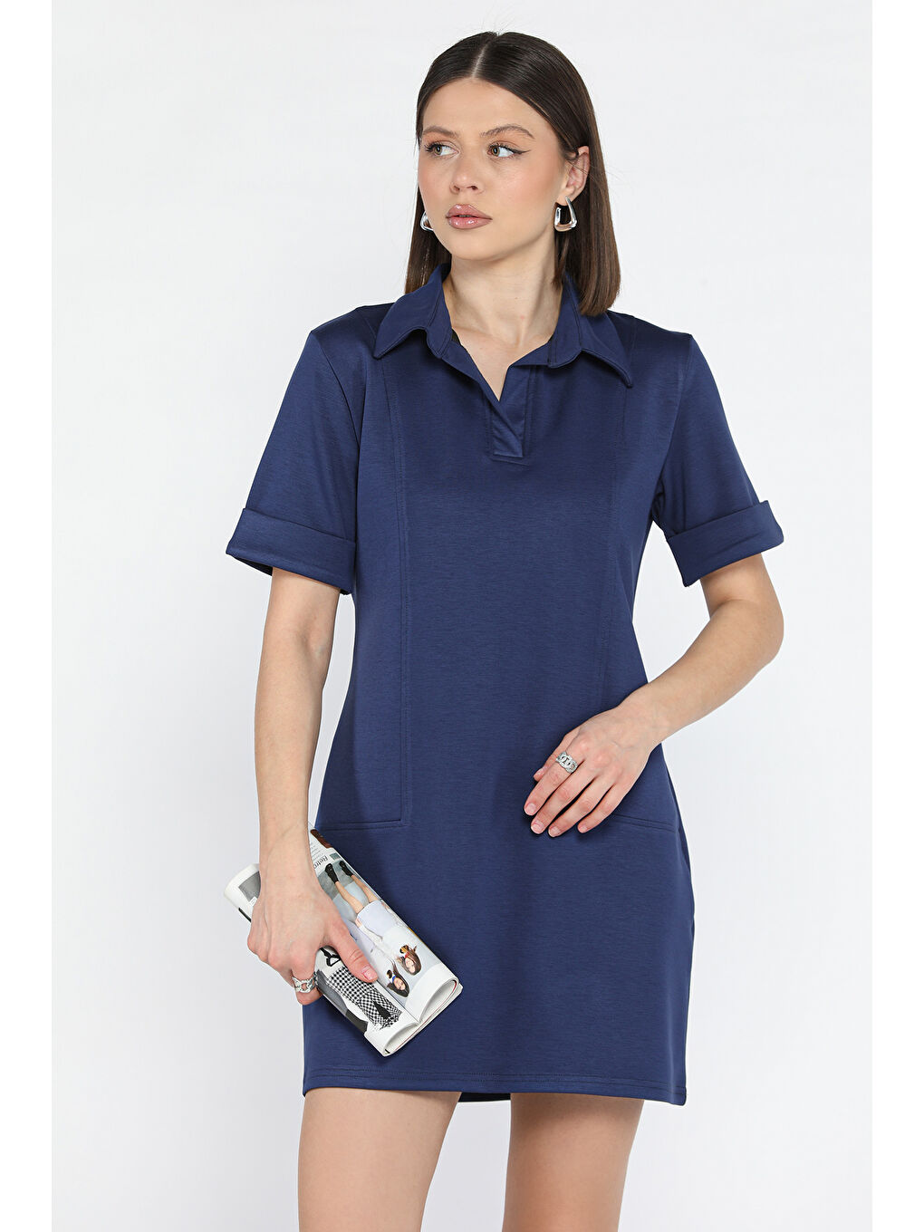 Lacivert Polo Yaka Duble Kol Kadın Elbise-1