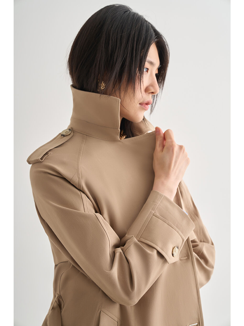 Premium Pamuk Karışımlı Bej Rengi Uzun Trençkot-4