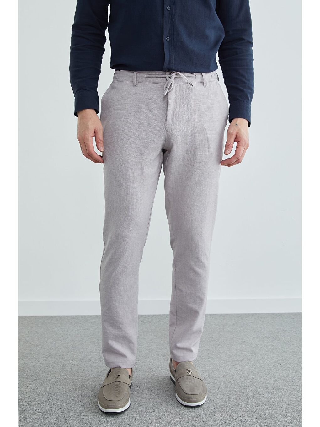 Gri Beli Lastikli Bağcıklı Jogger Pantolon-1