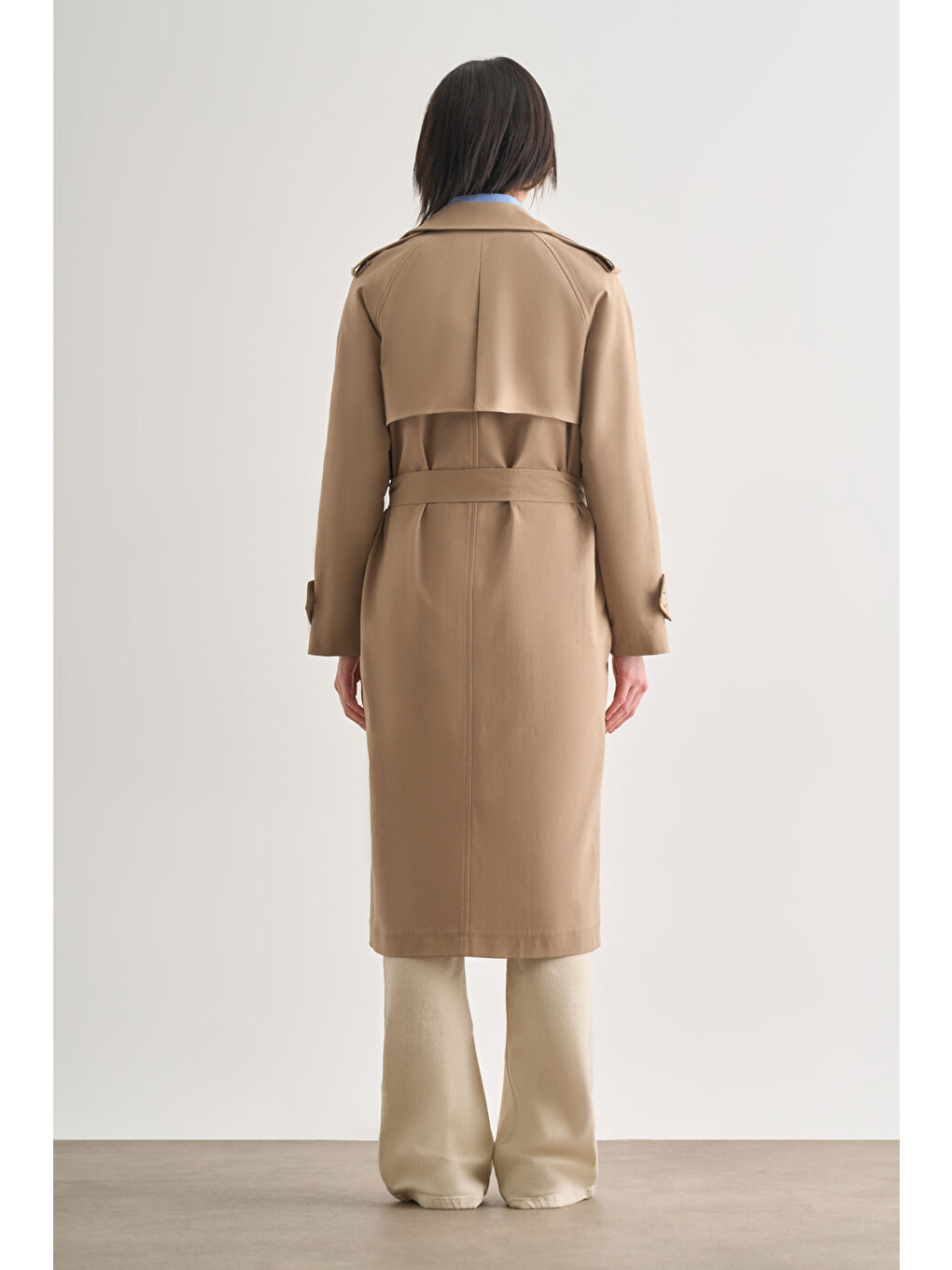 Premium Pamuk Karışımlı Bej Rengi Uzun Trençkot-5