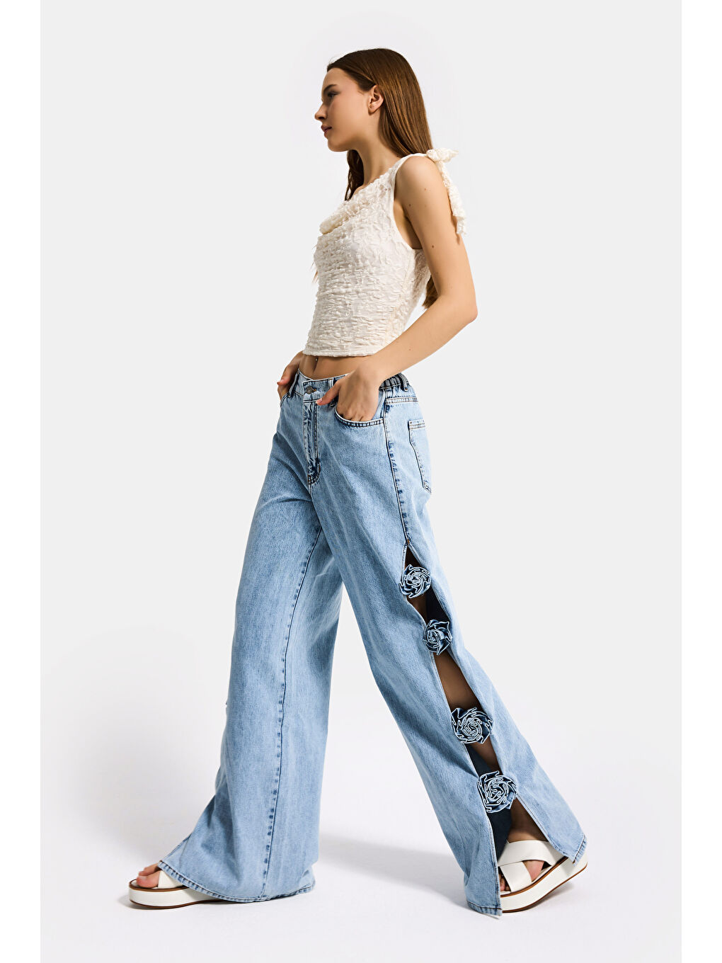 Mavi Kadın Jean Rengi Palazzo Fit Gül Detaylı Özel Tasarım Denim Jean-6