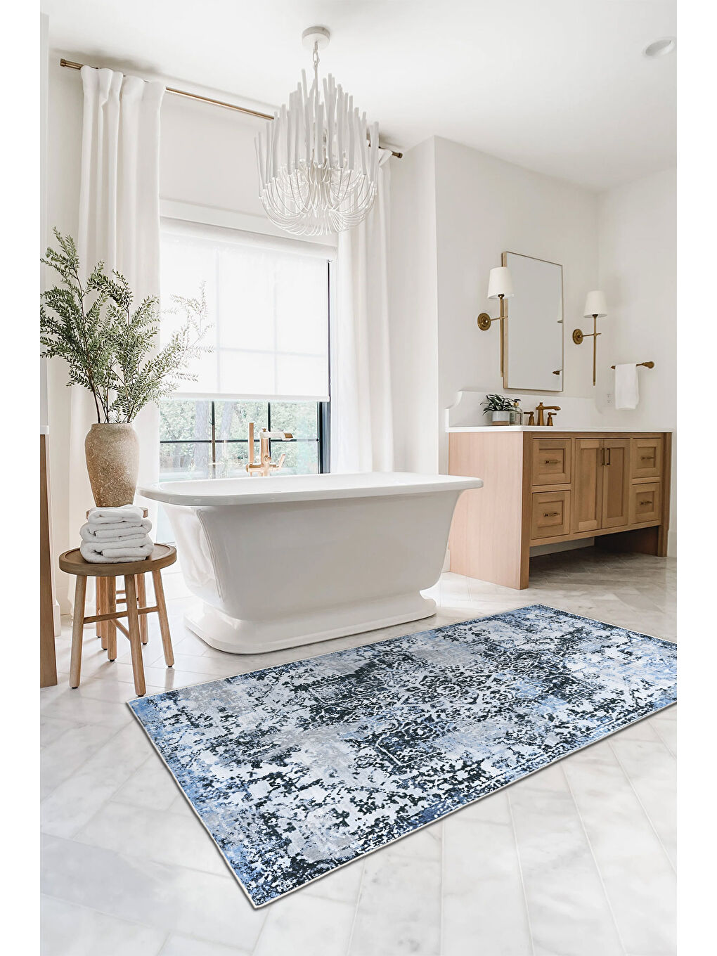 Mavi Dekoratif Özel Tasarım Yıkanabilir İnce Kaymaz Tabanlı Modern Halı KECE FR33-3