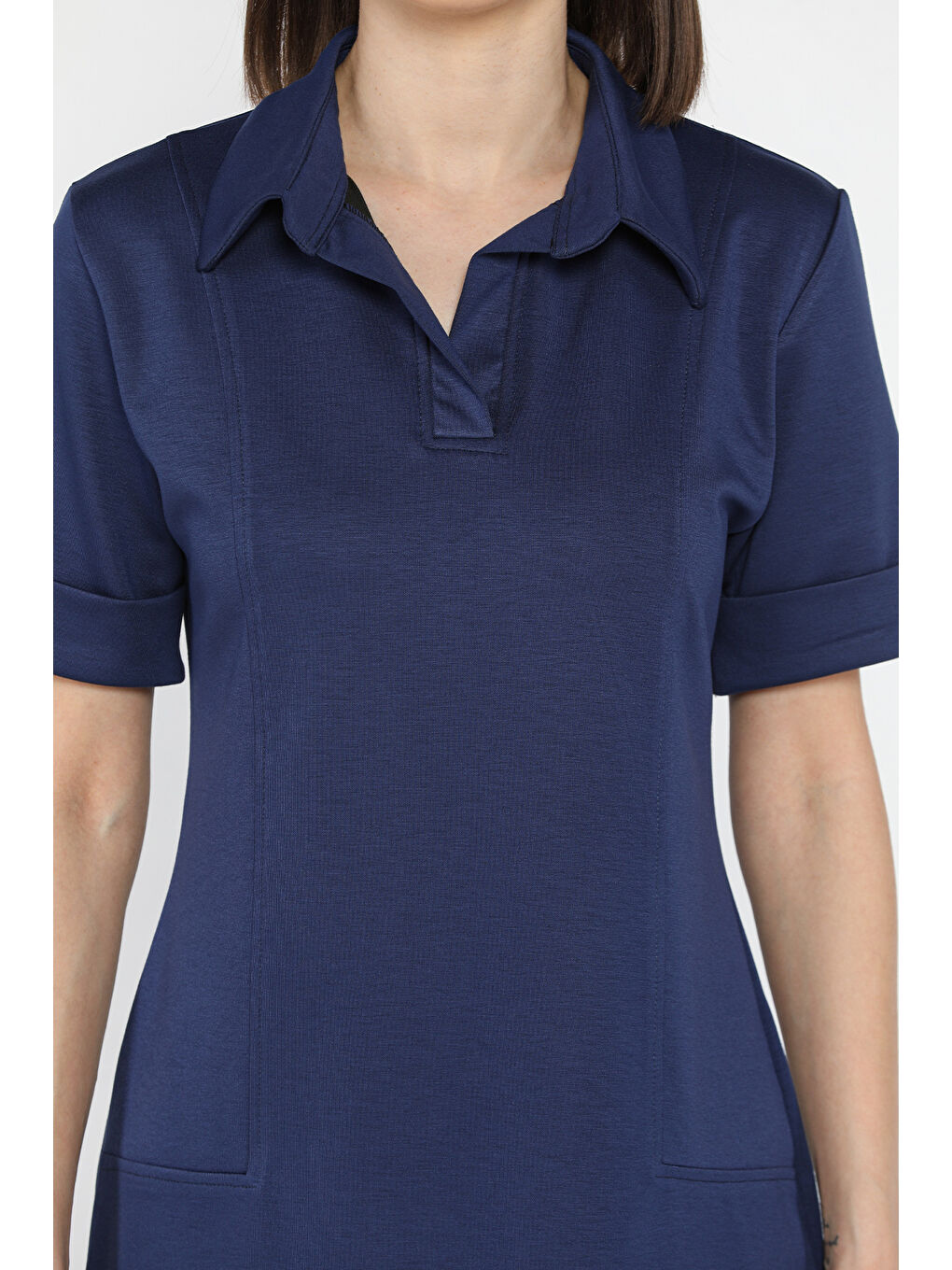 Lacivert Polo Yaka Duble Kol Kadın Elbise-3