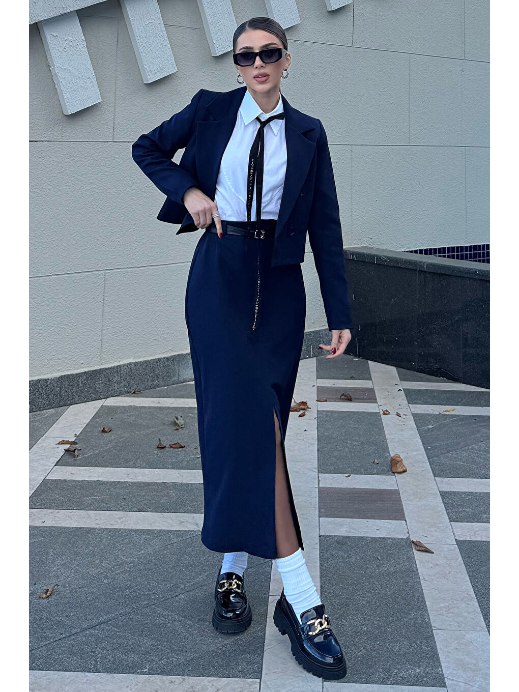 Lacivert Kadın Crop Ceket Etek İkili Takım