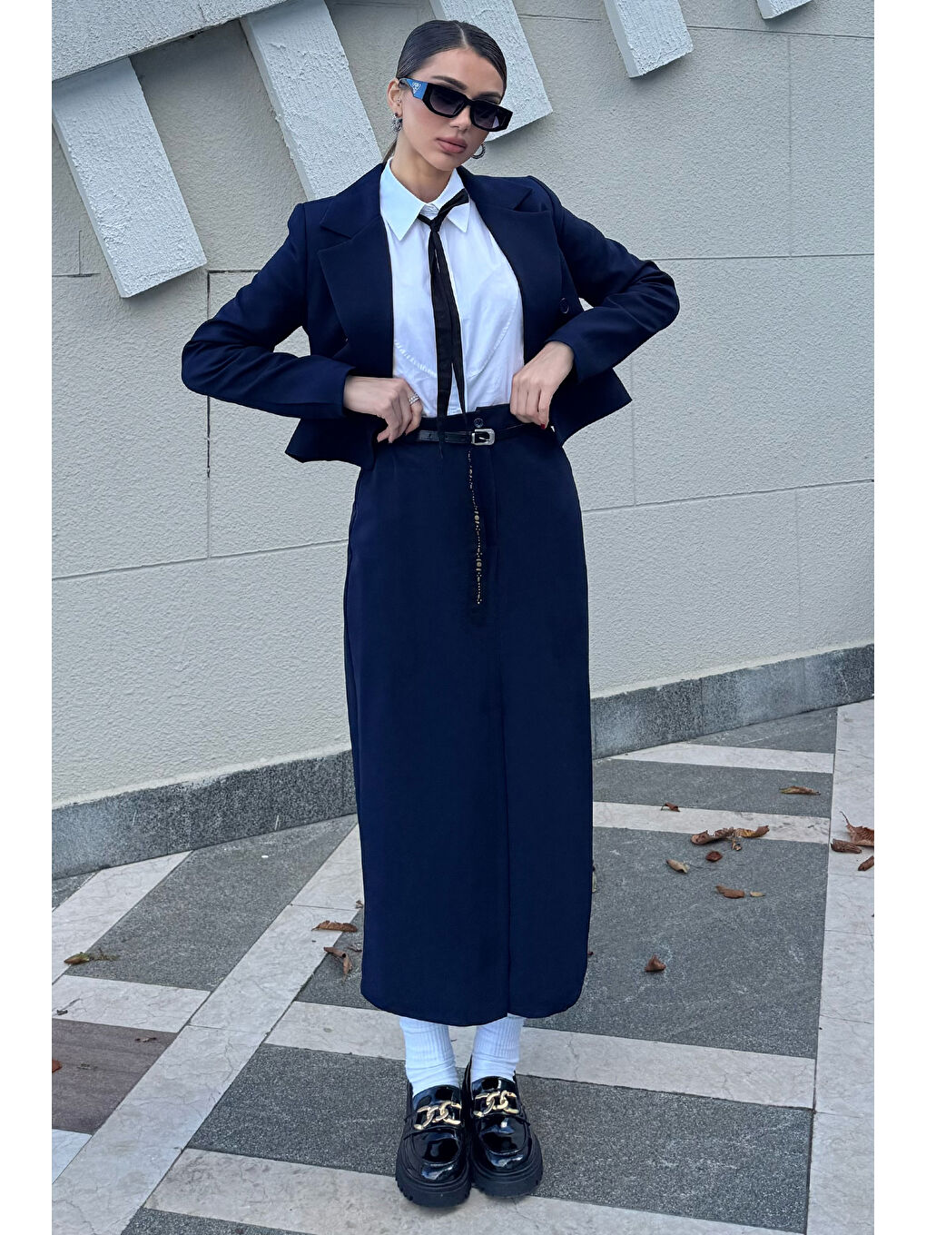 Lacivert Kadın Crop Ceket Etek İkili Takım-1