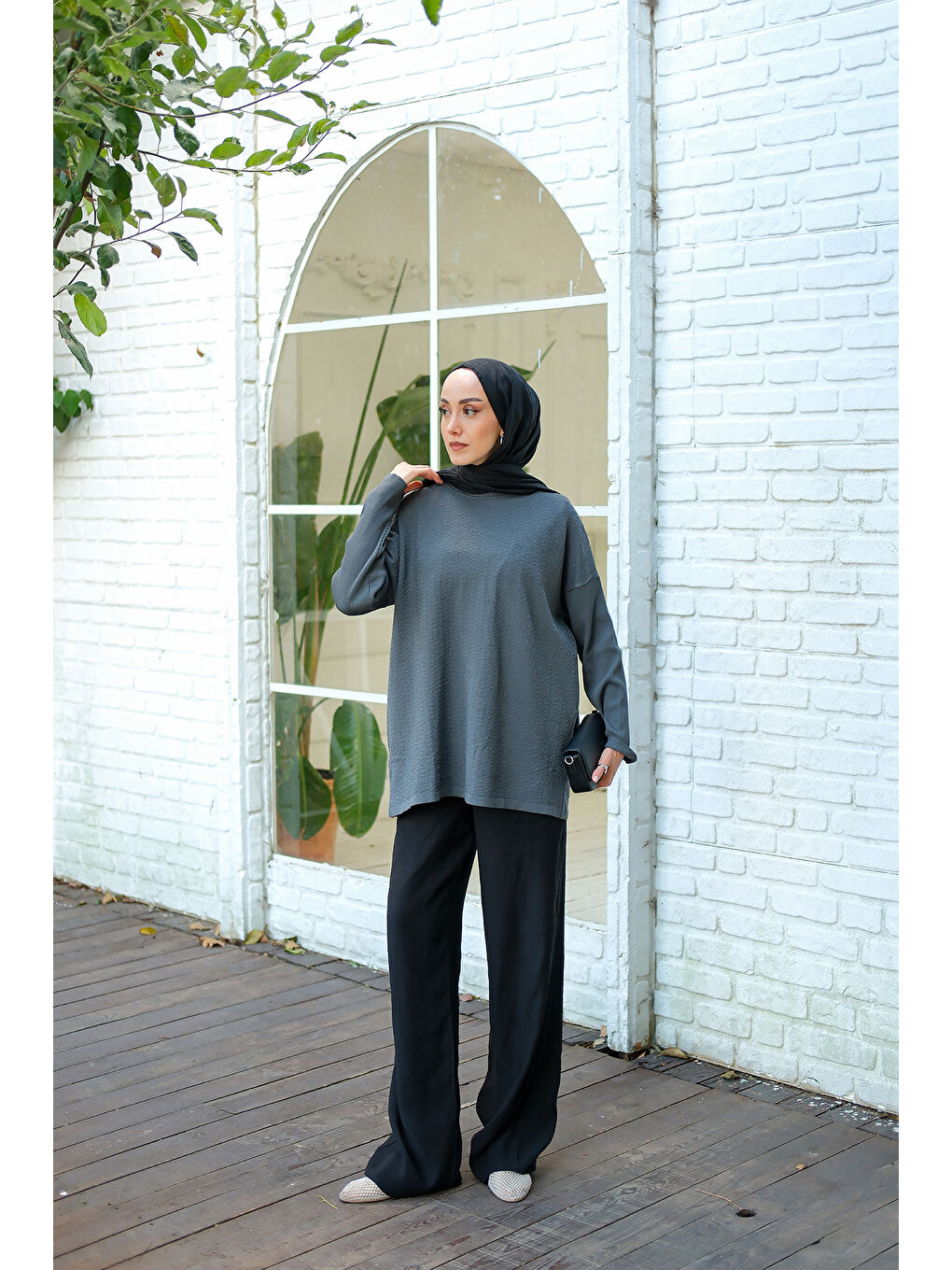 Gri Kadın Kendinden Desenli Tunik Füme-2