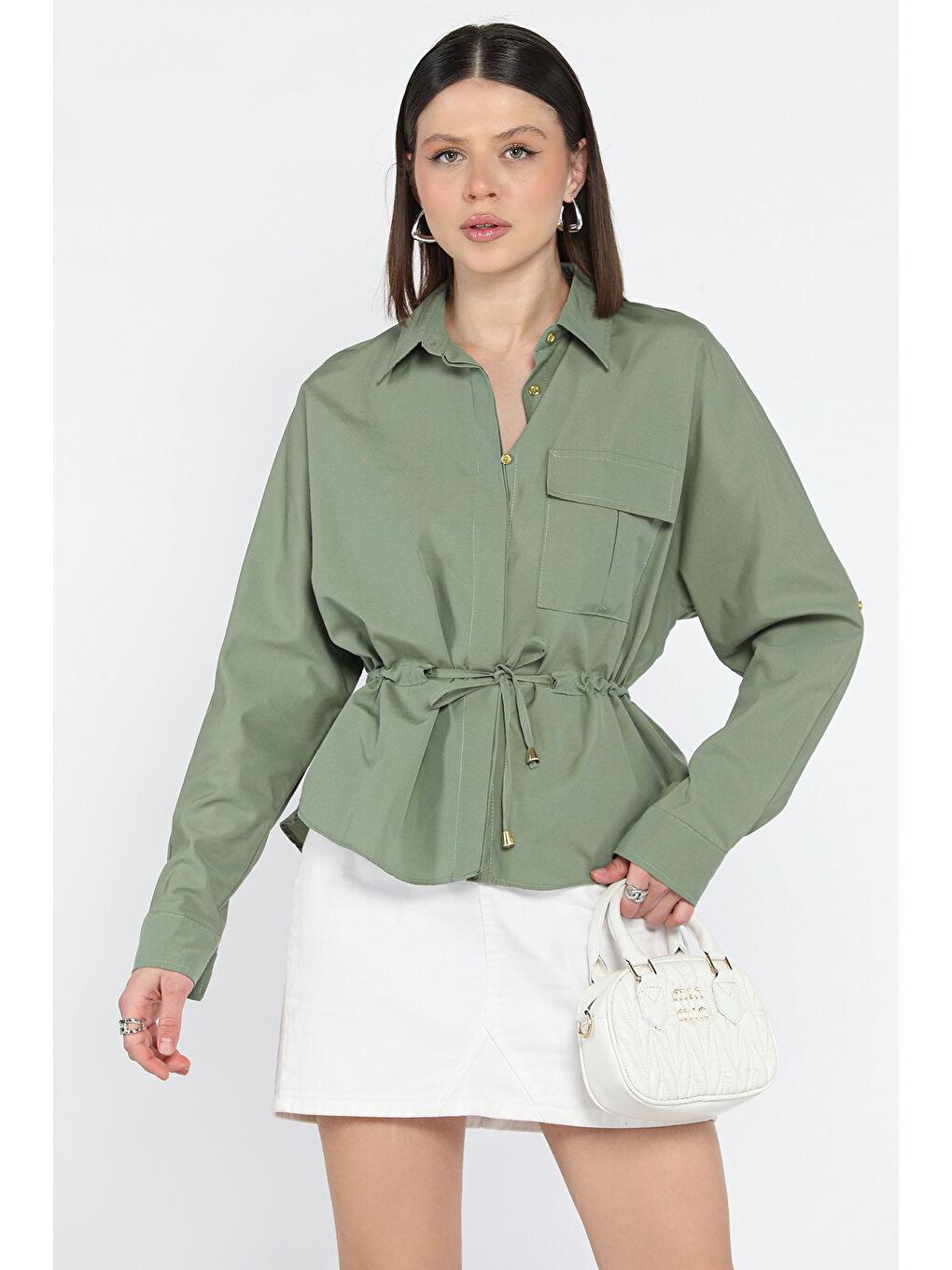 Haki Bel Bağcıklı Uzun Kol Kadın Gömlek