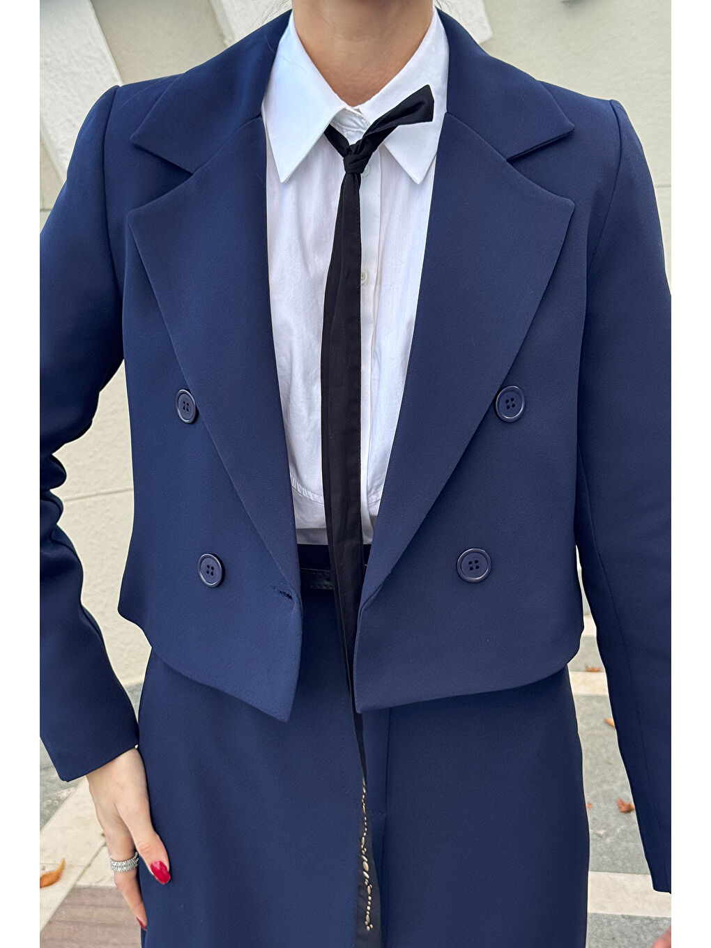 Lacivert Kadın Crop Ceket Etek İkili Takım-2