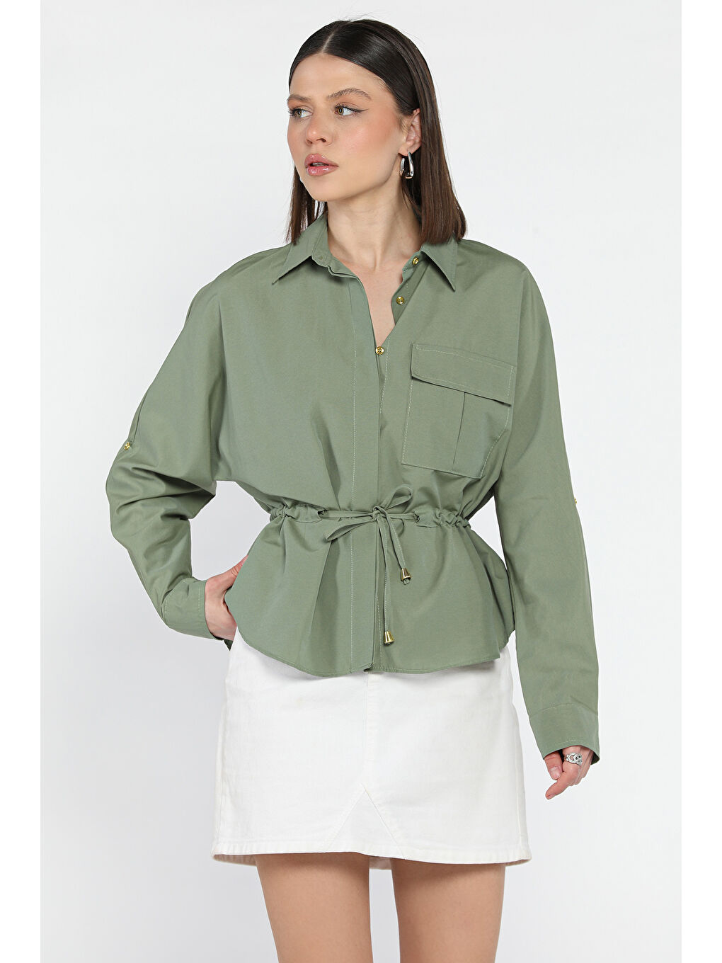 Haki Bel Bağcıklı Uzun Kol Kadın Gömlek-1
