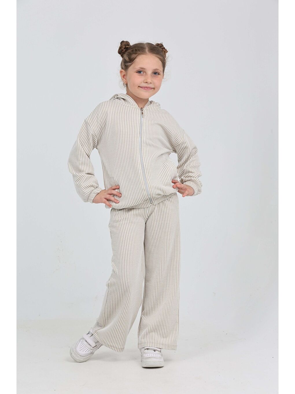 Bej Kız Çocuk Çizgili Eşofman Takım