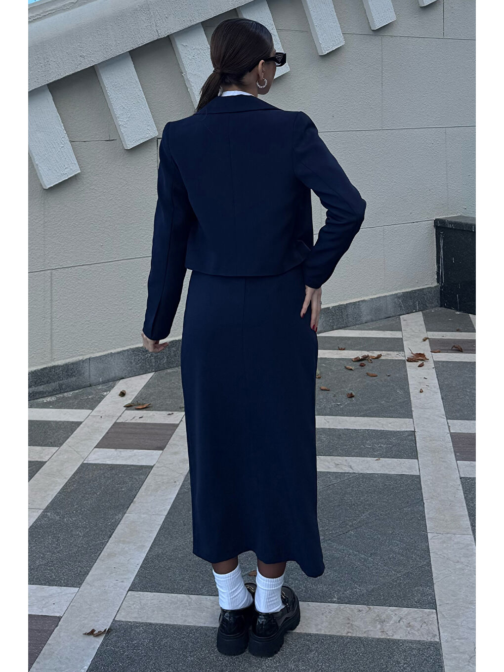 Lacivert Kadın Crop Ceket Etek İkili Takım-3