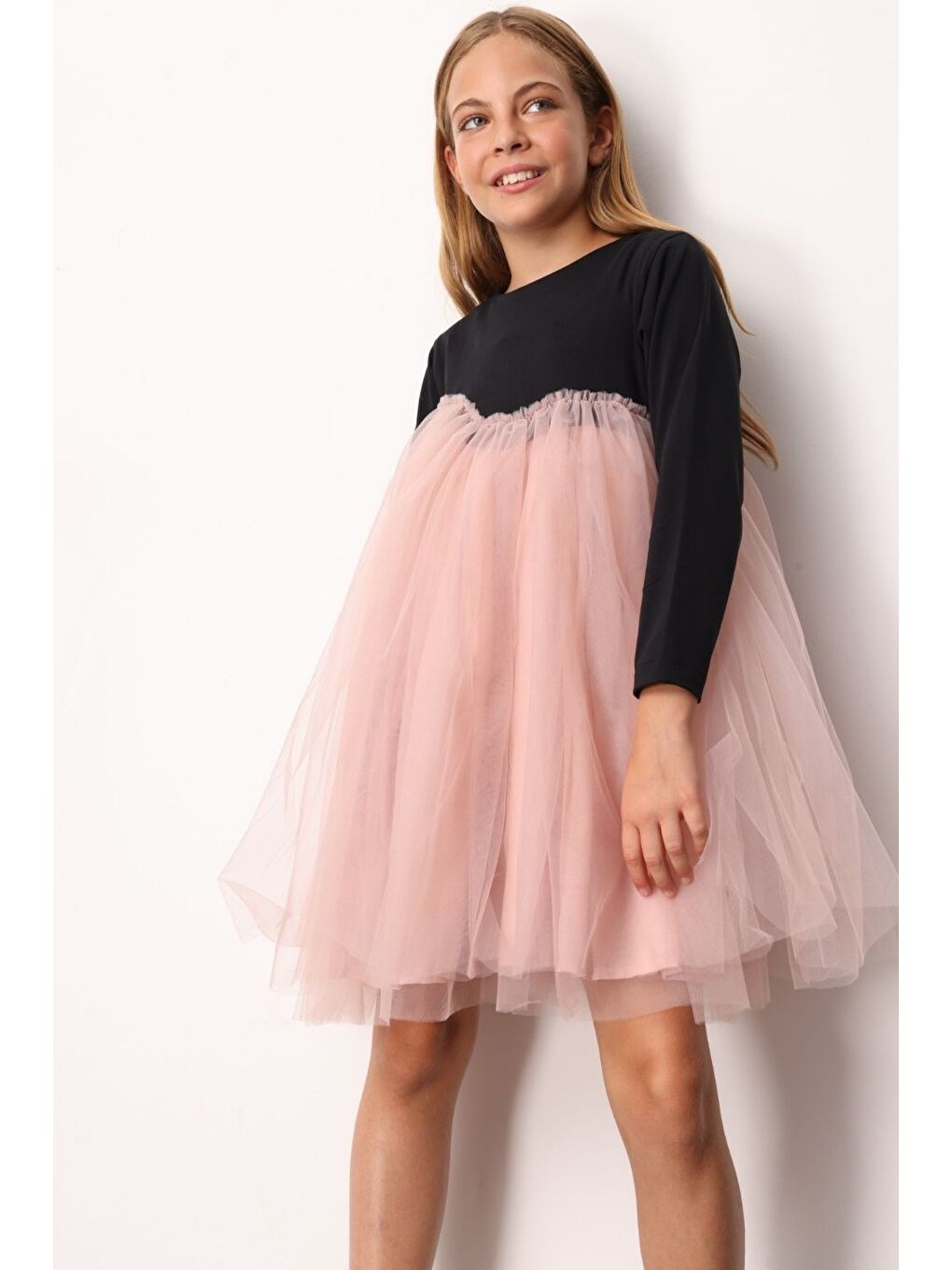 Pembe Pudra Asimetrik Tül Etekli Kız Çocuk Elbise - Rebeca-2