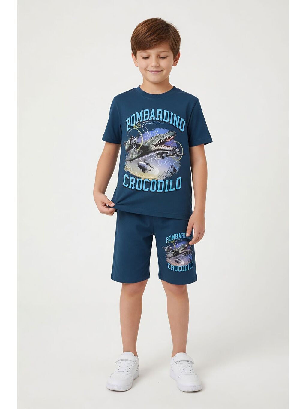 Mavi Uçak Baskılı Yazılı Tişörtlü Erkek Çocuk Şortlu 2li Takım 23922-2