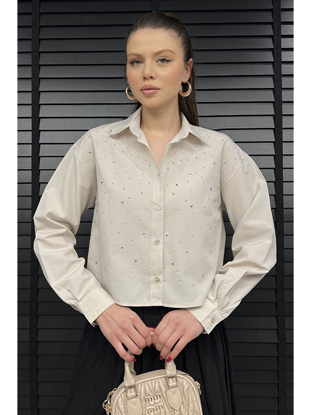 Gülseli Bej Taşlı Kadın Crop Top Gömlek - 1