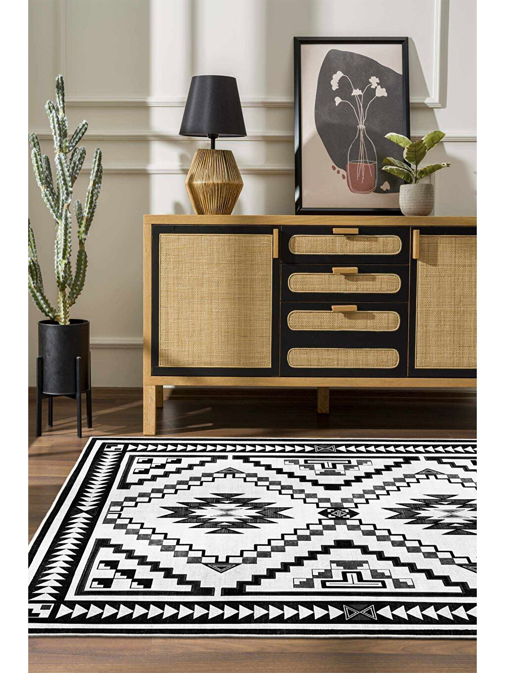 Siyah Dekoratif Özel Tasarım Yıkanabilir İnce Kaymaz Tabanlı Modern Halı KECE FR31-1