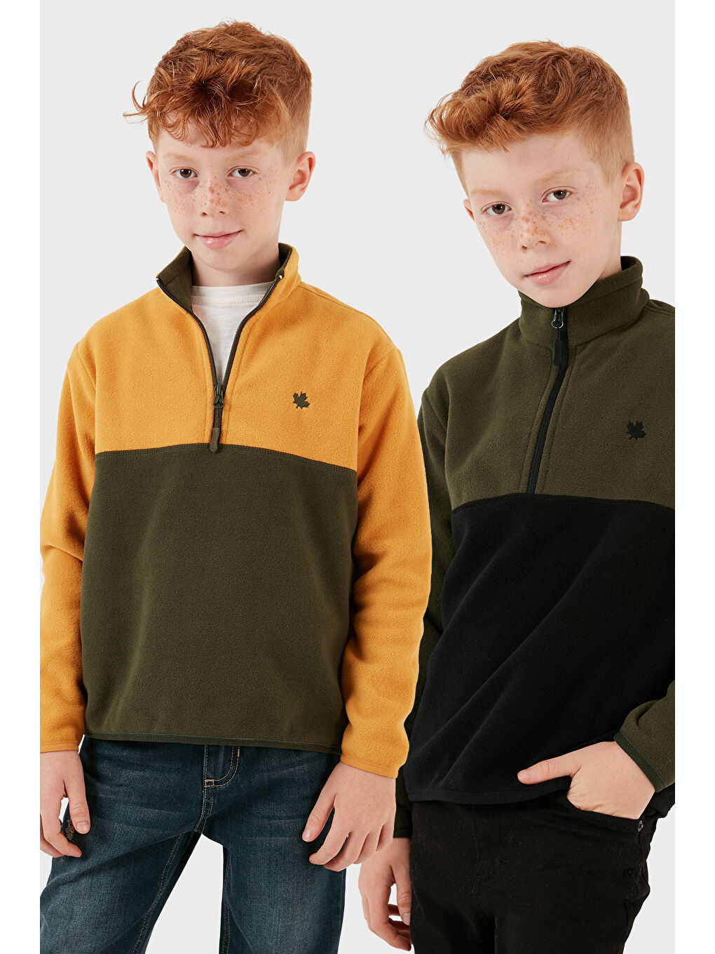 Ekru Yumuşak Dokulu Yarım Fermuarlı Renk Bloklu Dik Yaka 2'li Paket Polar 5905004S2