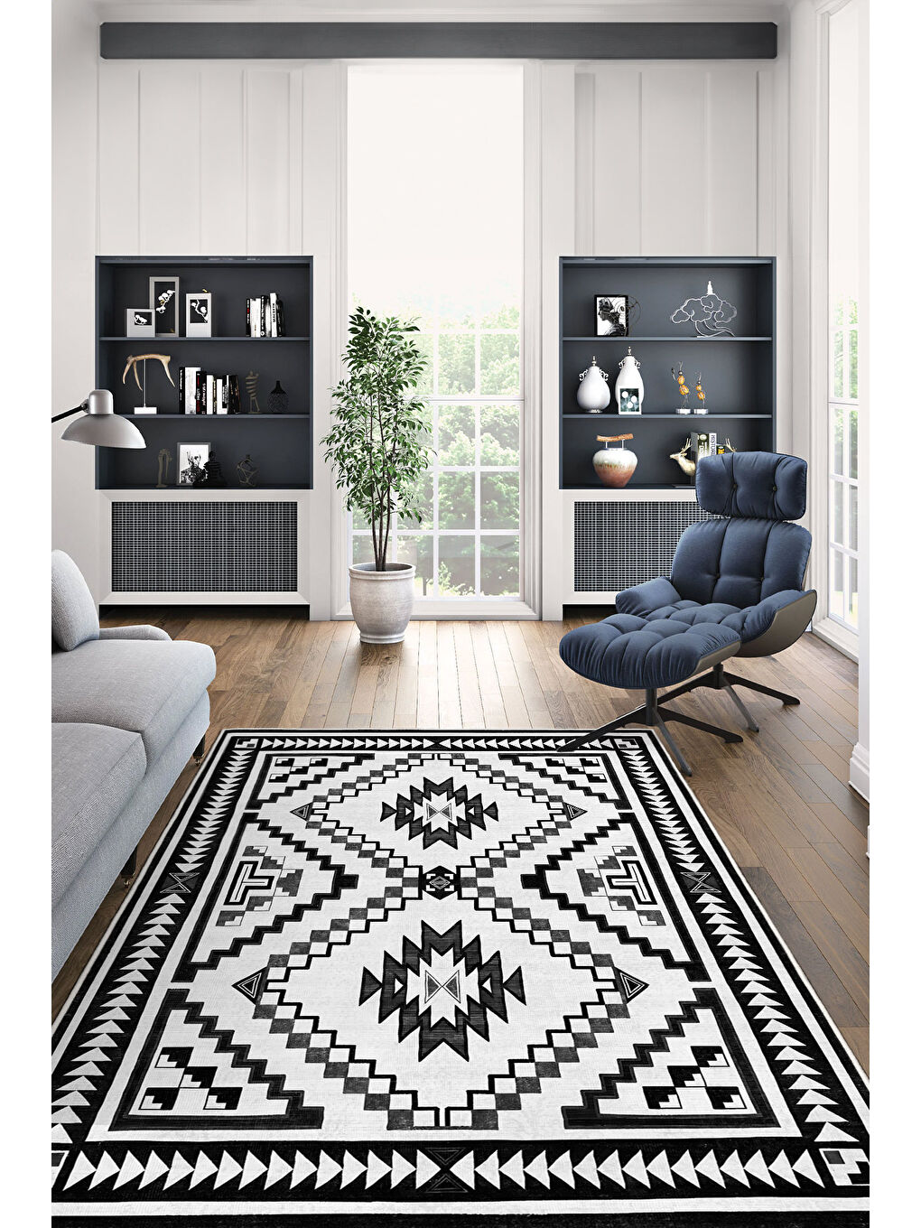 Siyah Dekoratif Özel Tasarım Yıkanabilir İnce Kaymaz Tabanlı Modern Halı KECE FR31-2