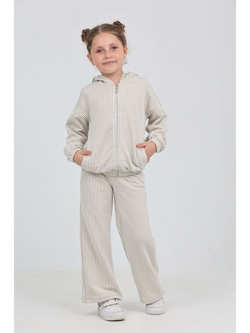 Bej Kız Çocuk Çizgili Eşofman Takım-1