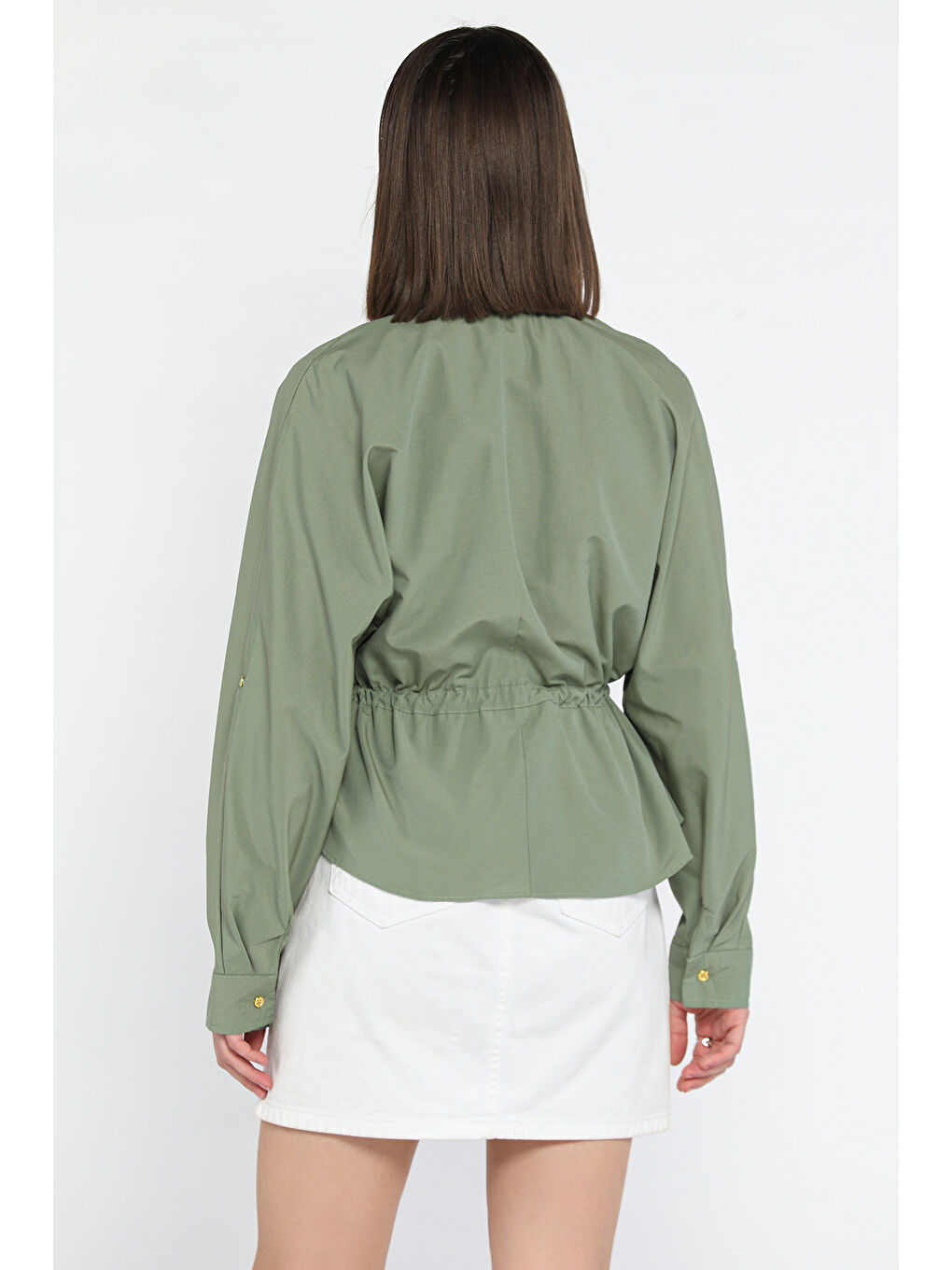Haki Bel Bağcıklı Uzun Kol Kadın Gömlek-2