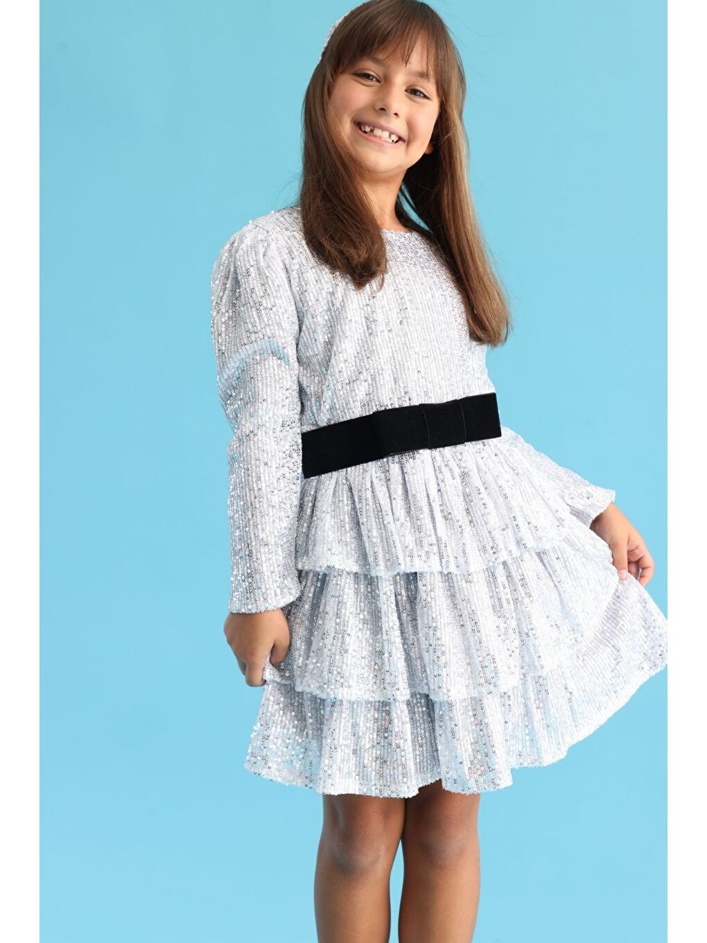 Gri Gümüş Pullu Katlı Kız Çocuk Elbise - Liona-1
