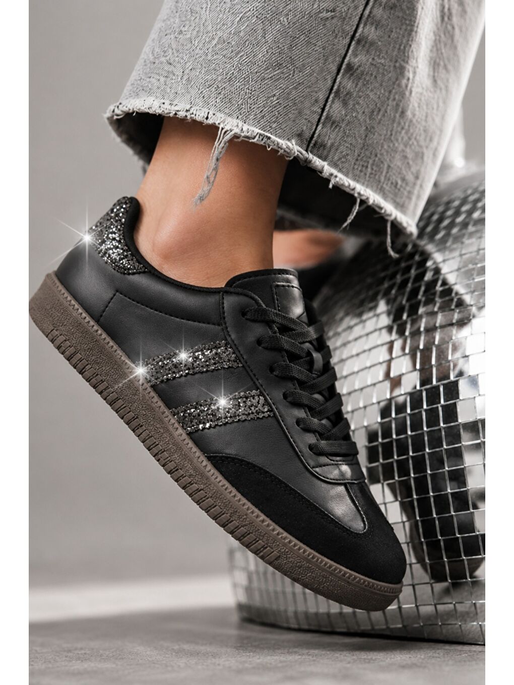 Siyah SPARKLY Kadın Sim Detaylı Günlük Sneaker Spor Ayakkabı-1