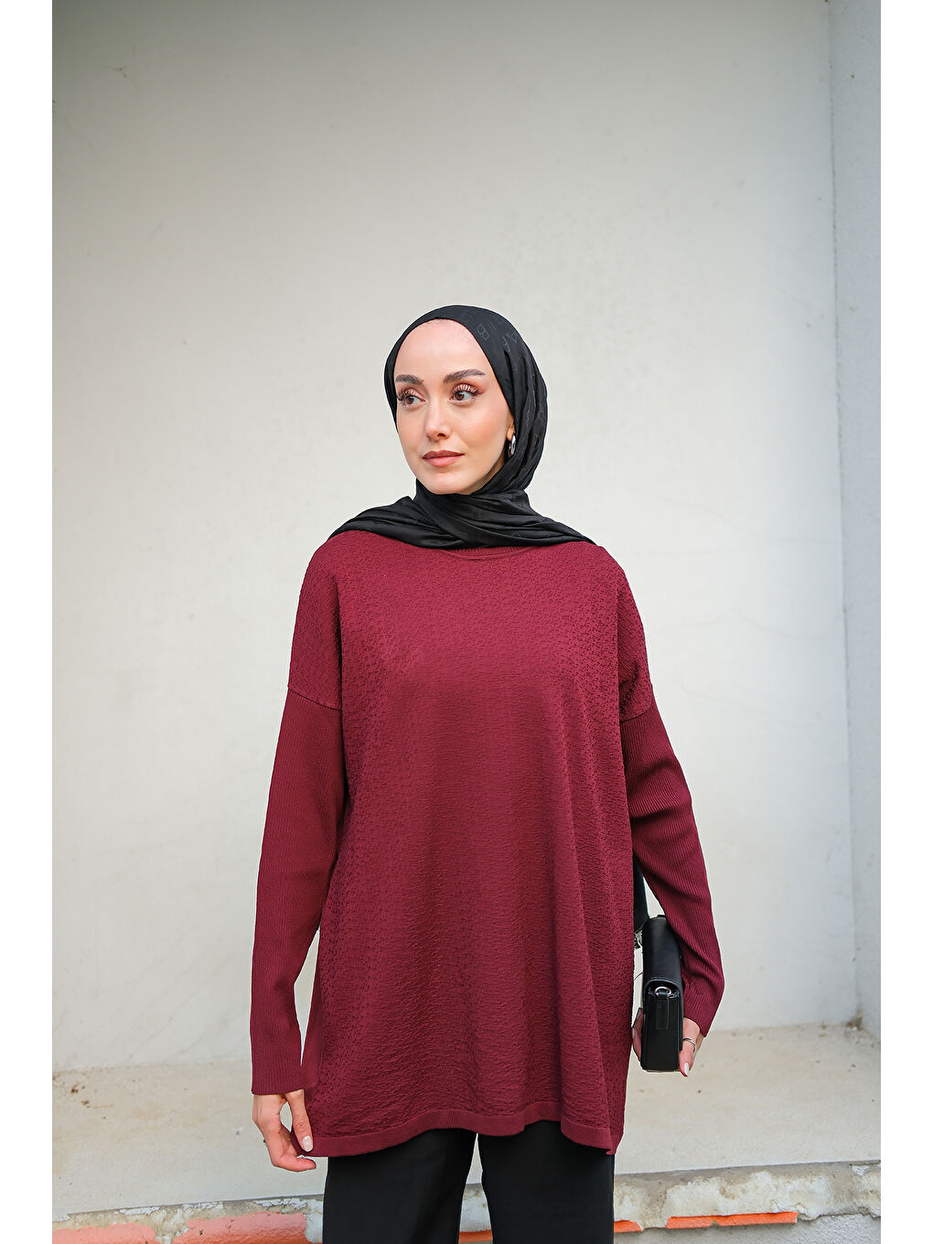 Kadın Kendinden Desenli Tunik Bordo-3