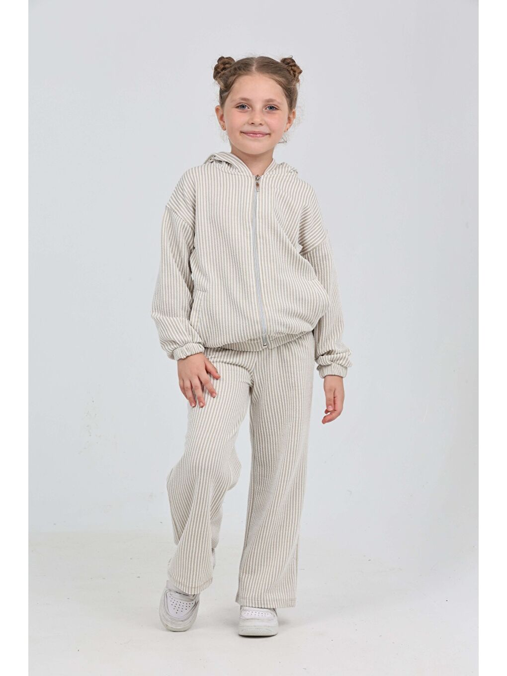 Bej Kız Çocuk Çizgili Eşofman Takım-2