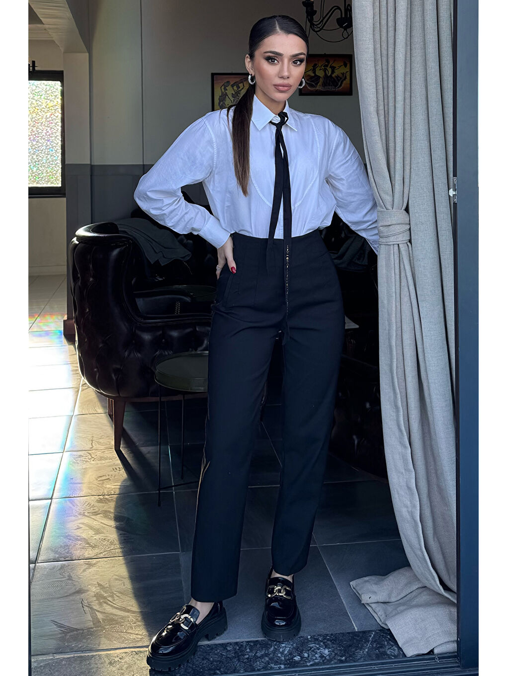 Siyah Kadın Yüksek Bel Pantolon-1