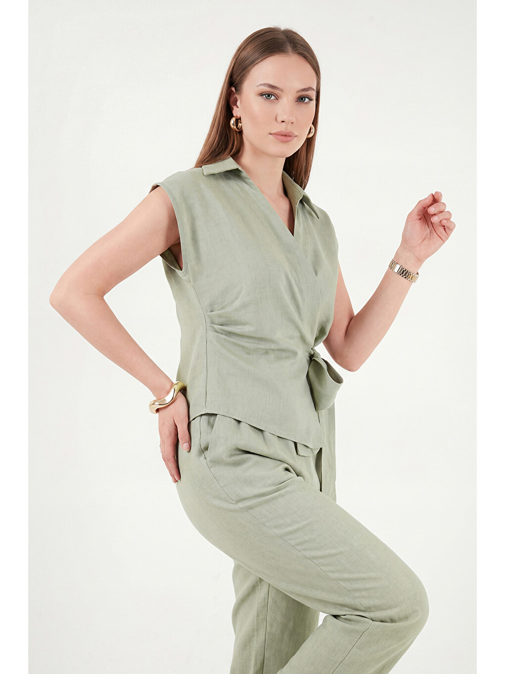 Yeşil Regular Fit Bağlama Detaylı Kolsuz Takım 5866787-2