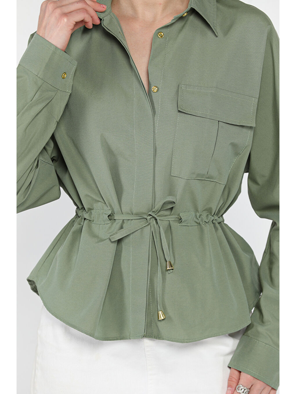 Haki Bel Bağcıklı Uzun Kol Kadın Gömlek-3