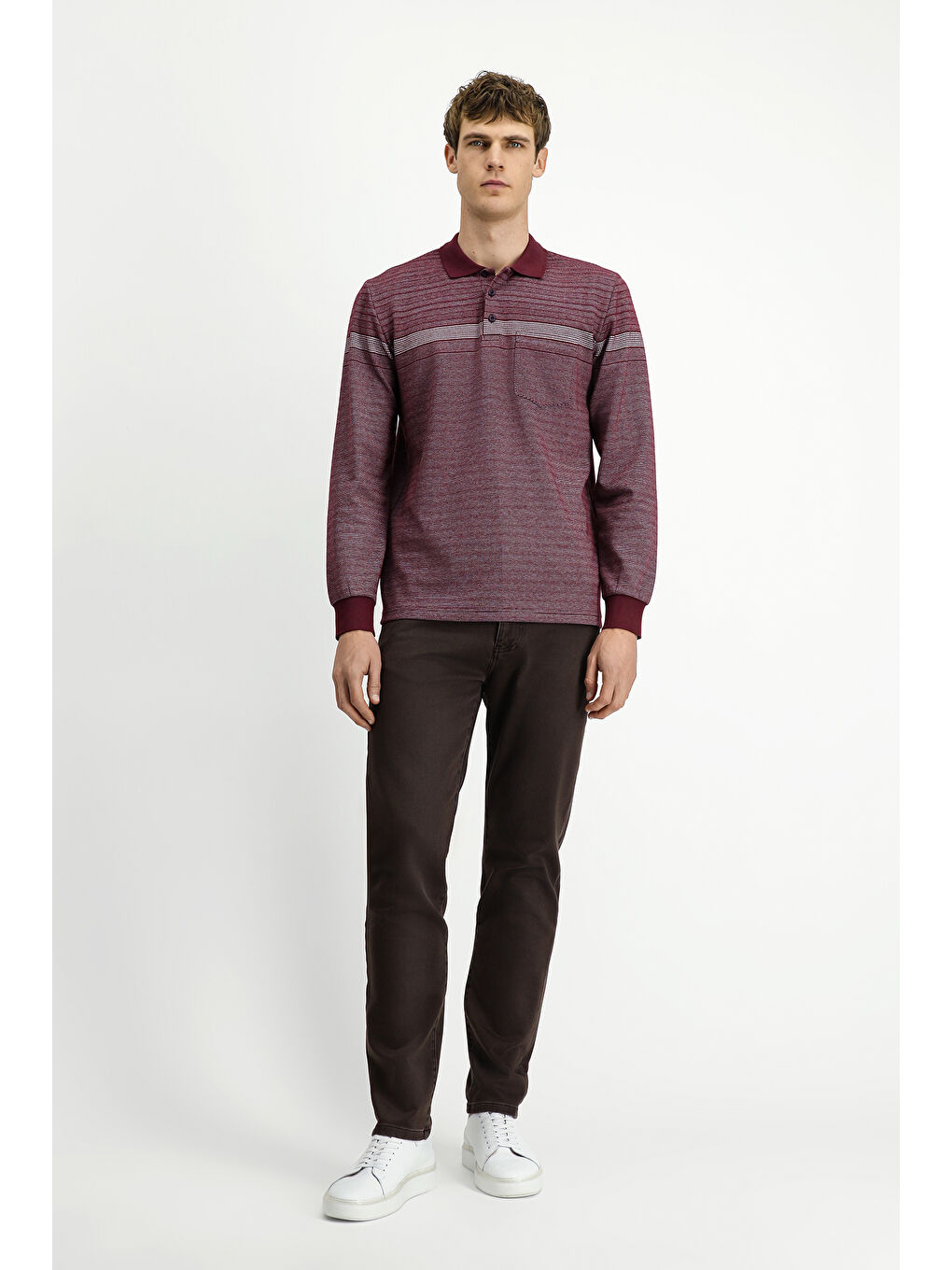 Bordo Polo Yaka Regular Fit Çizgili Sweatshirt-1