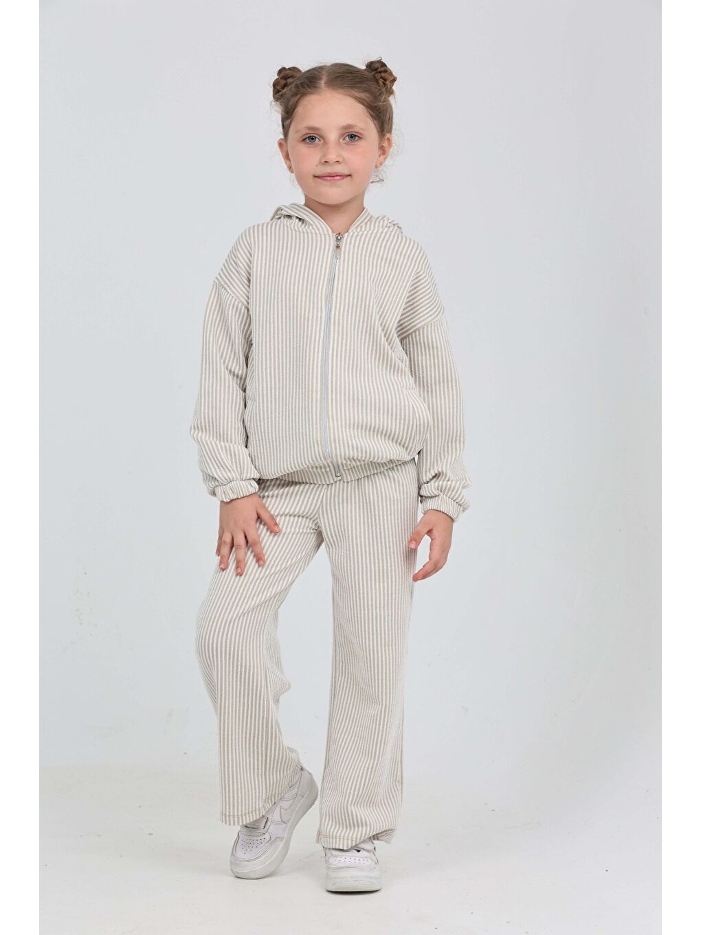 Bej Kız Çocuk Çizgili Eşofman Takım-3