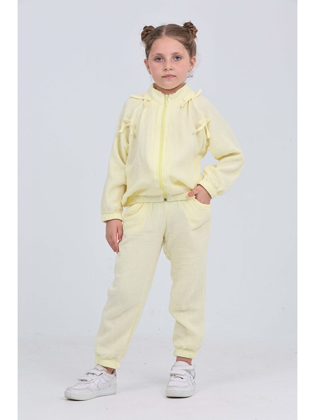 Sarı Kız Çocuk Fiyonk Detaylı Eşofman Takım-2