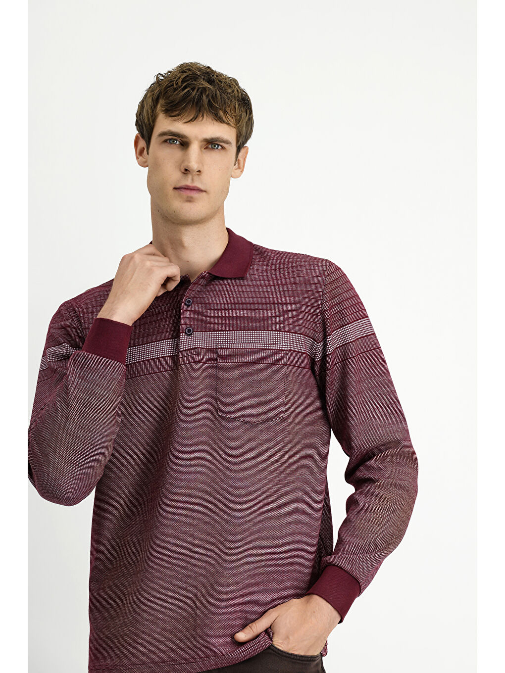 Bordo Polo Yaka Regular Fit Çizgili Sweatshirt-2