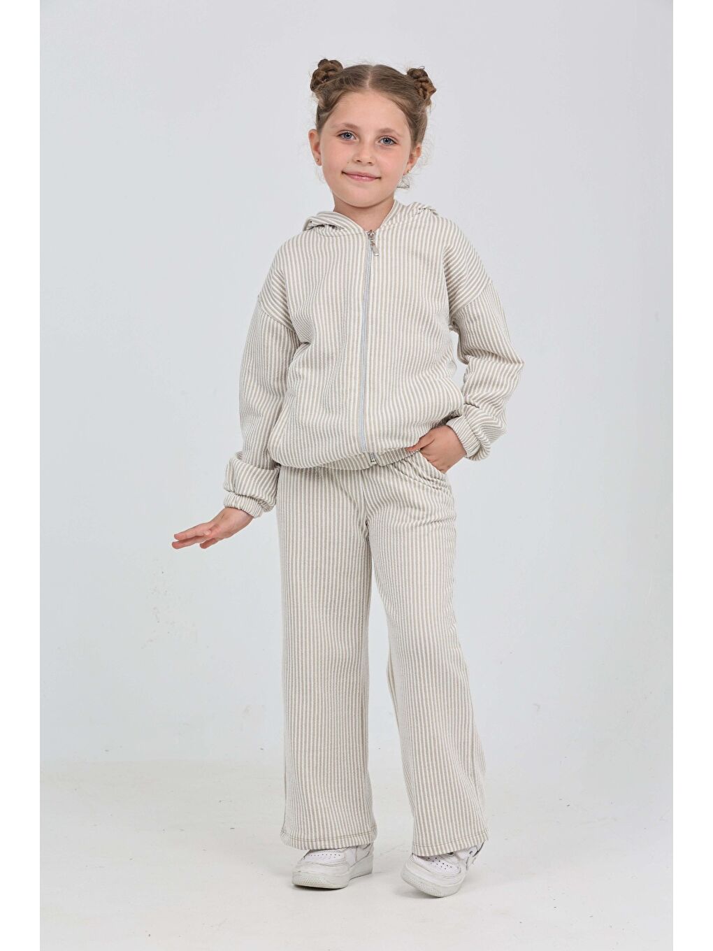 Bej Kız Çocuk Çizgili Eşofman Takım-4