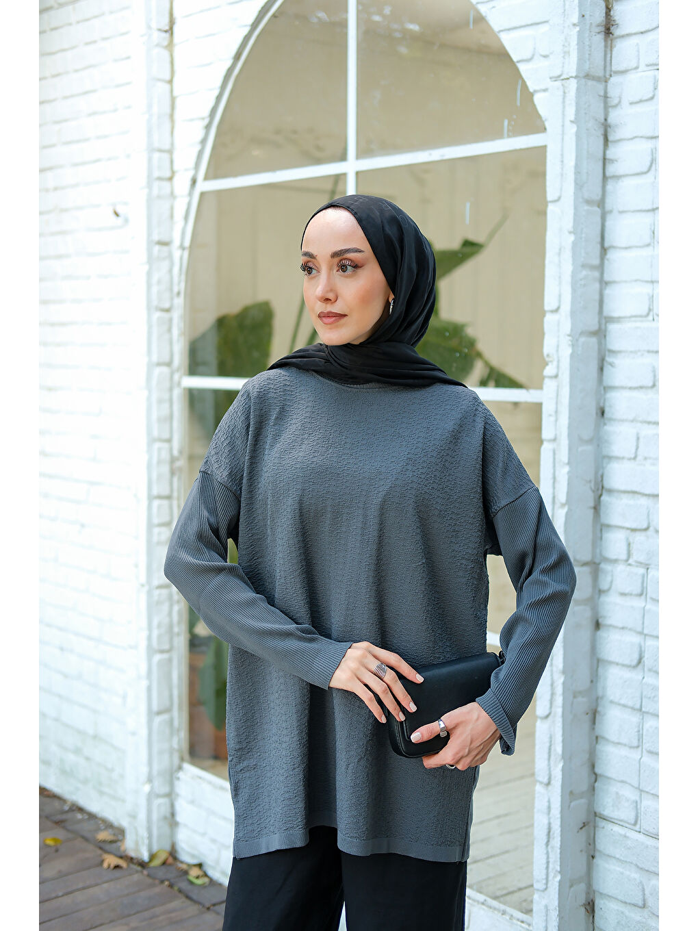 Gri Kadın Kendinden Desenli Tunik Füme-3