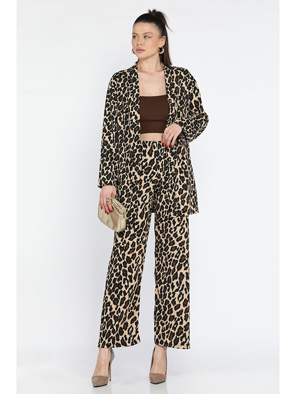 Kahverengi Kadın Leopar Desenli Kimono Pantolon İkili Takım