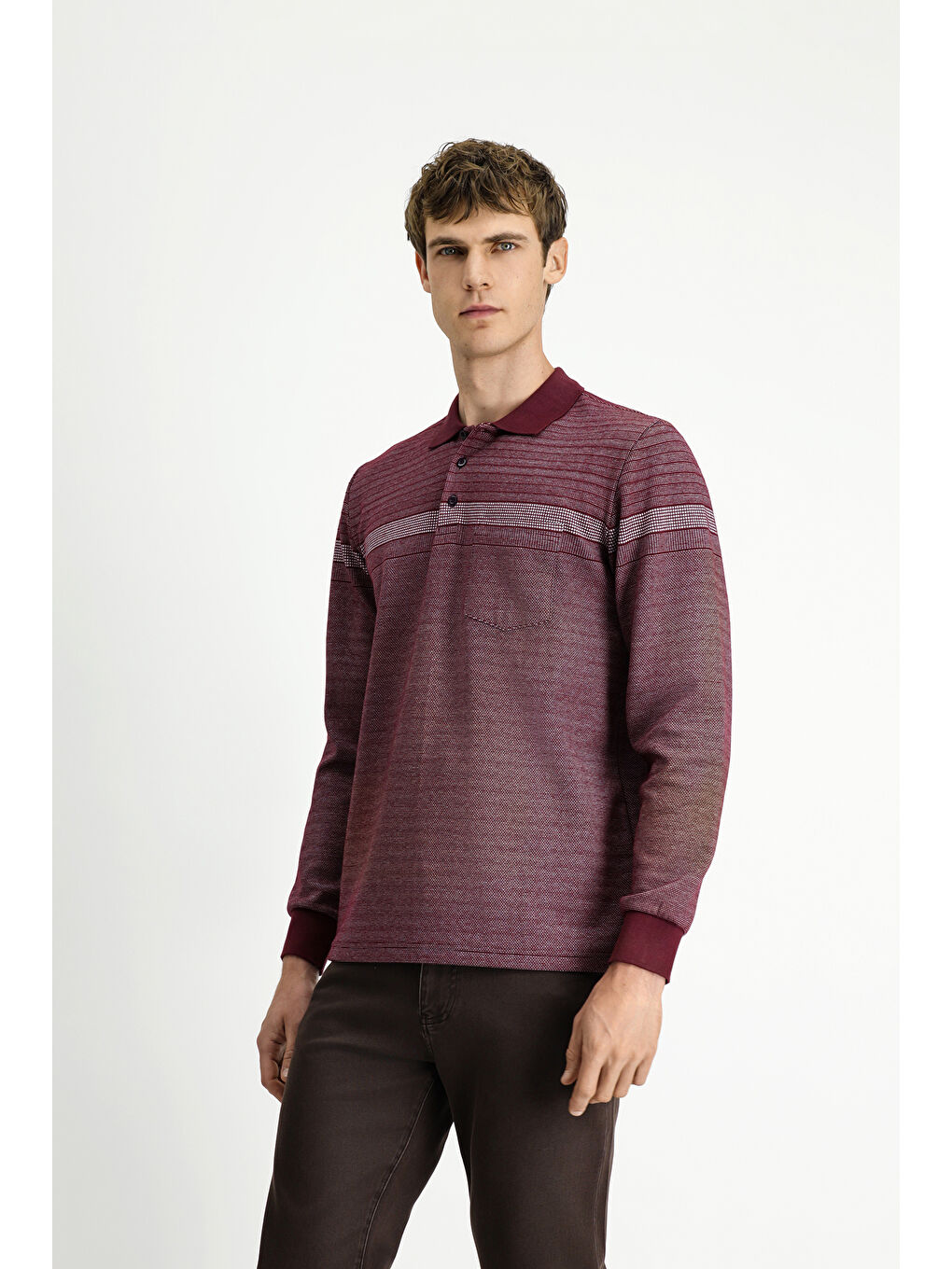 Bordo Polo Yaka Regular Fit Çizgili Sweatshirt-3