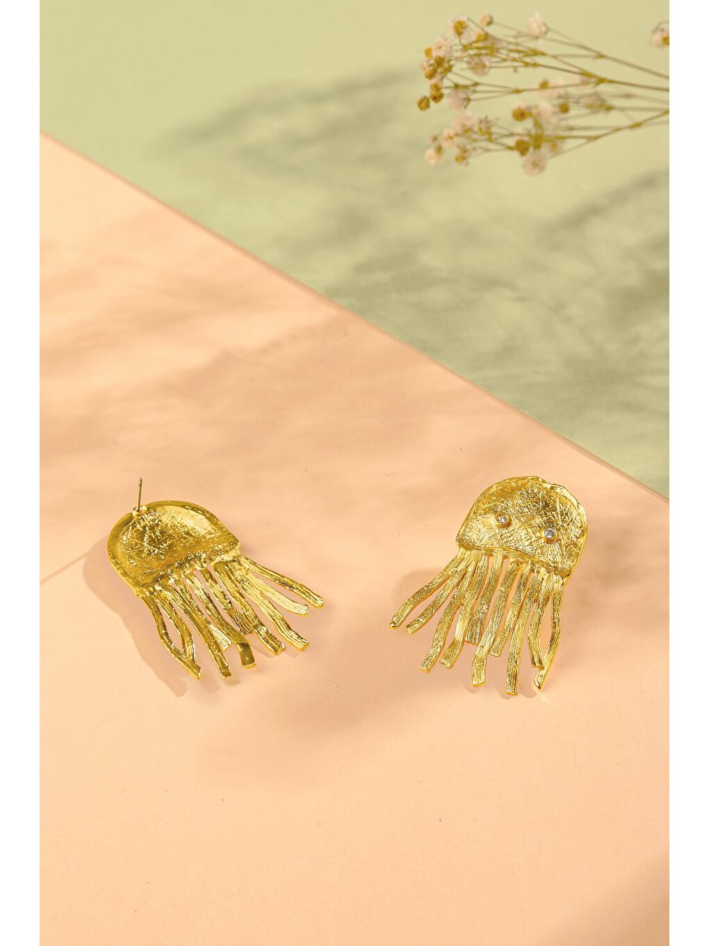 Sarı Artisan Jellyfish Denizanası Detaylı Altın Kaplama Küpe-2