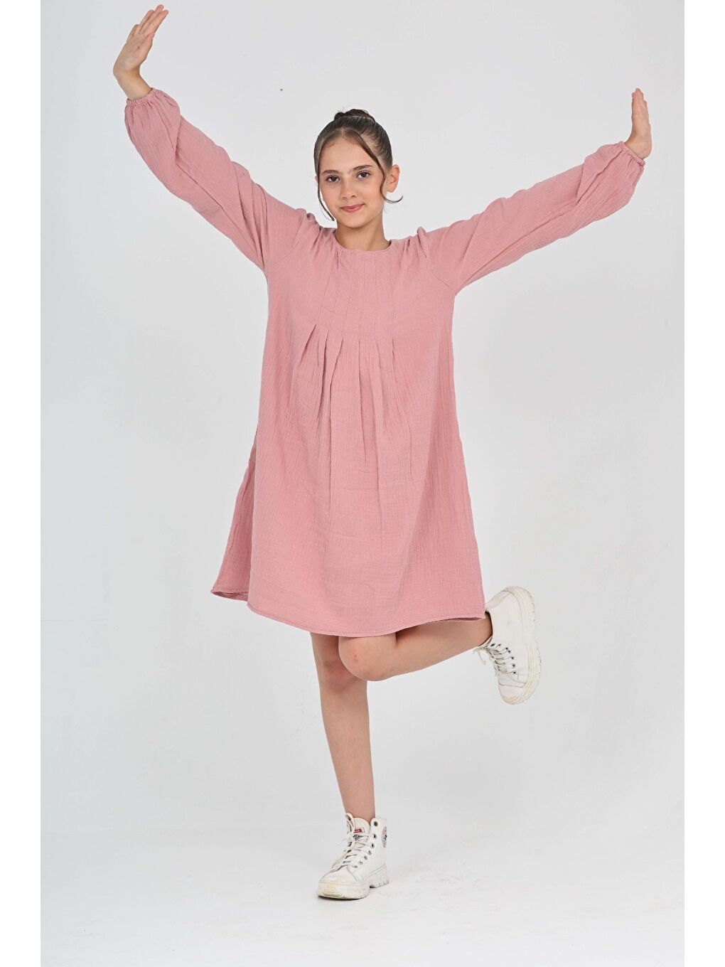 Pembe Kız Çocuk Pile Detaylı Elbise-1