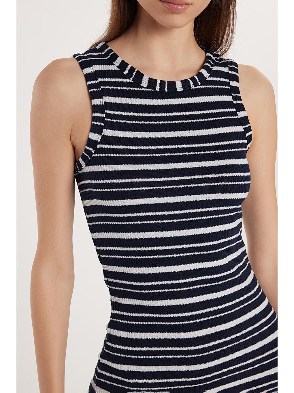 Karışık Kadın Slim Fit Dar Kesim Sıfır Kol Halter Yaka Çizgili Elbise-1