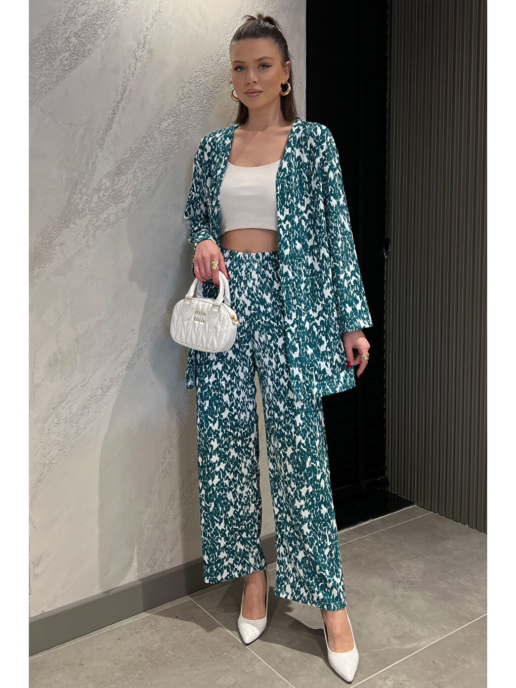 Yeşil Kadın Desenli Kimono Pantolon İkili Takım-1
