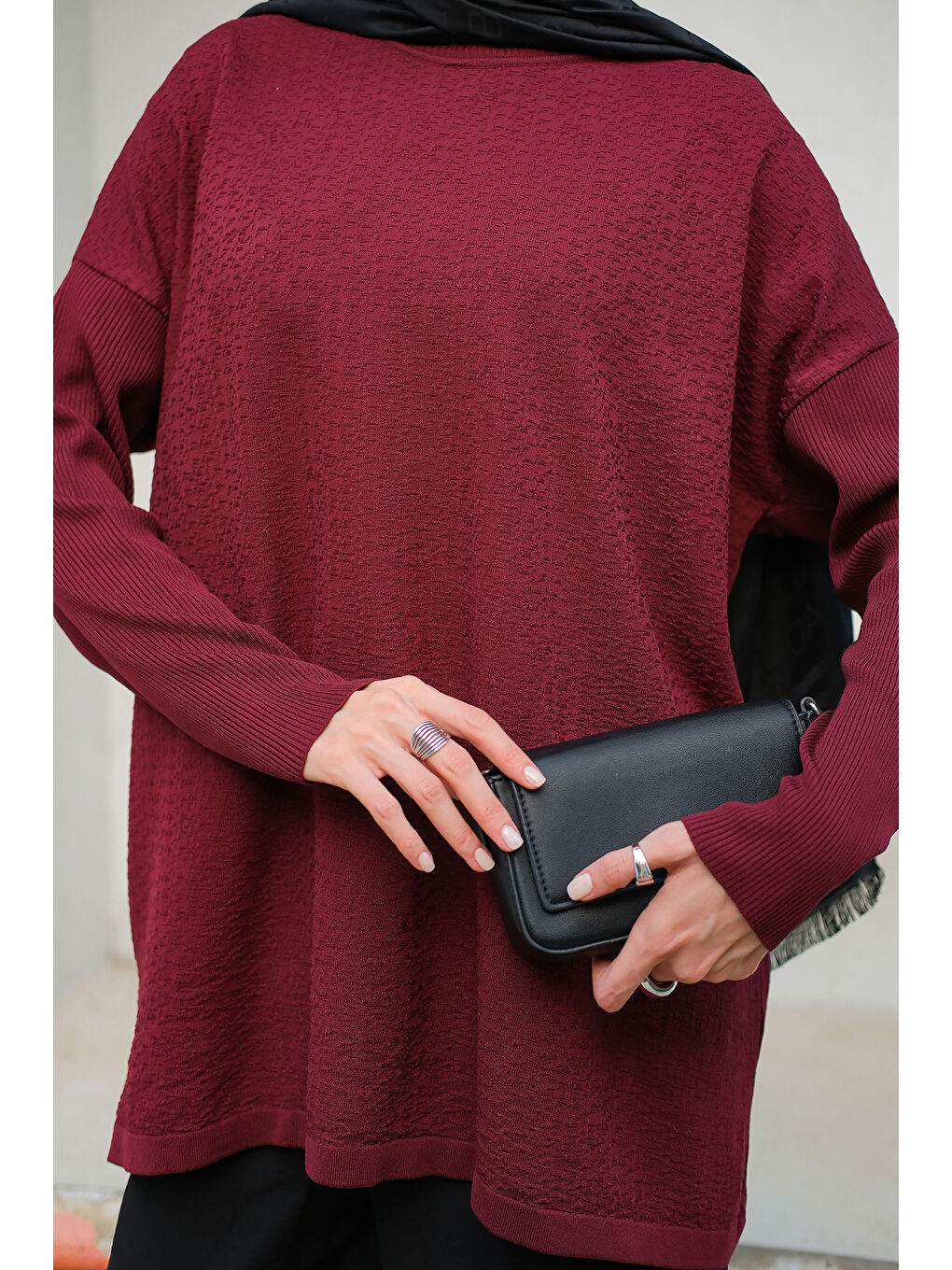 Kadın Kendinden Desenli Tunik Bordo-4